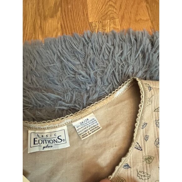 Vintage Basic Editions Beige Leaf Print Cotton Long Sleeve Henley Top 2X NWT - Picture 2 of 7